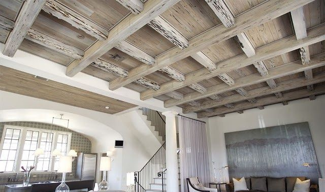 Pecky cypress beams in a room